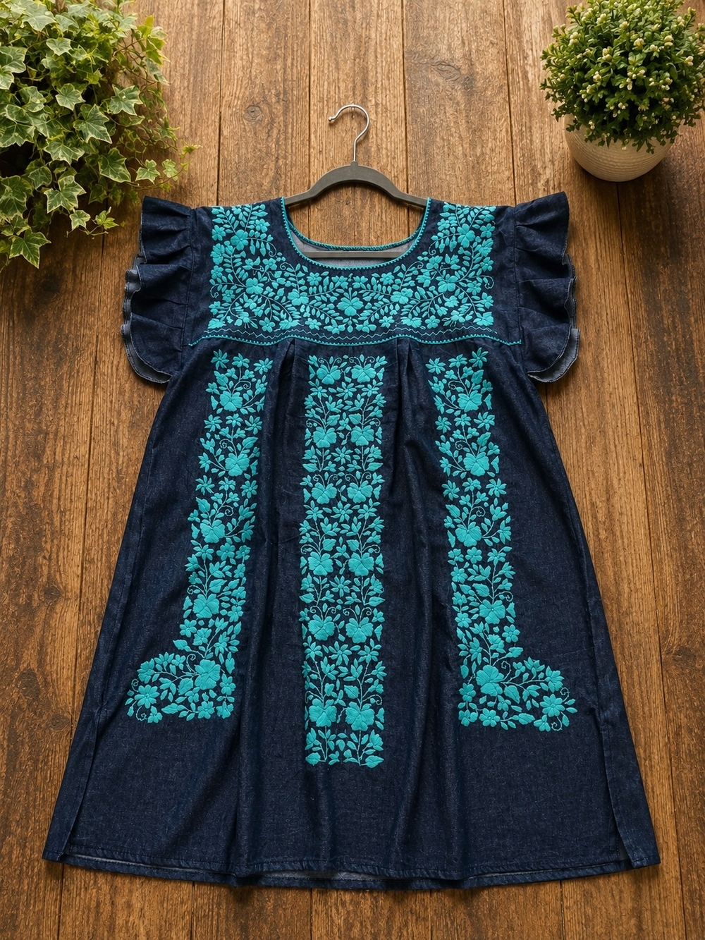 Women's Dark Blue Embroidered Denim Dress with Teal Floral Accents